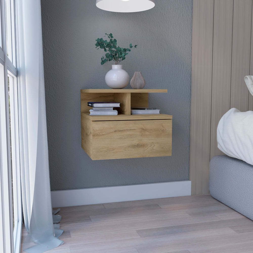 Floating Nightstand 12'H, Wall Mounted with Single Drawer and 2-Tier Shelf, Macadamia
