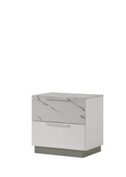 Mist Nightstand – Two-Tone High-Gloss Marble & Lacquer Finish with Two Drawers, Velvet-Lined Interior, and a Compact Elegant Design      same asG150108676  (NJ inventory)