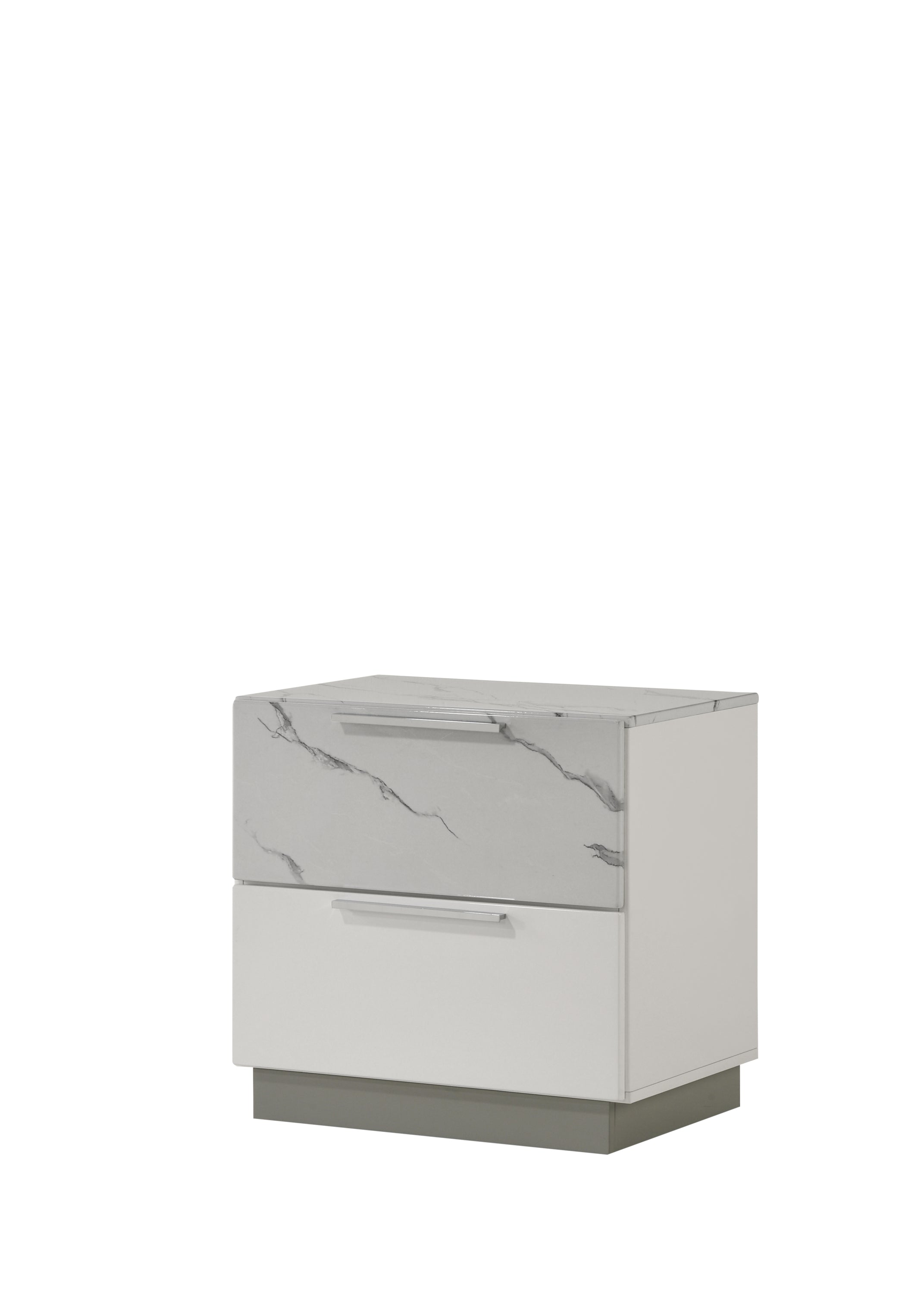 Mist Nightstand – Two-Tone High-Gloss Marble & Lacquer Finish with Two Drawers, Velvet-Lined Interior, and a Compact Elegant Design      same asG150108676  (NJ inventory)