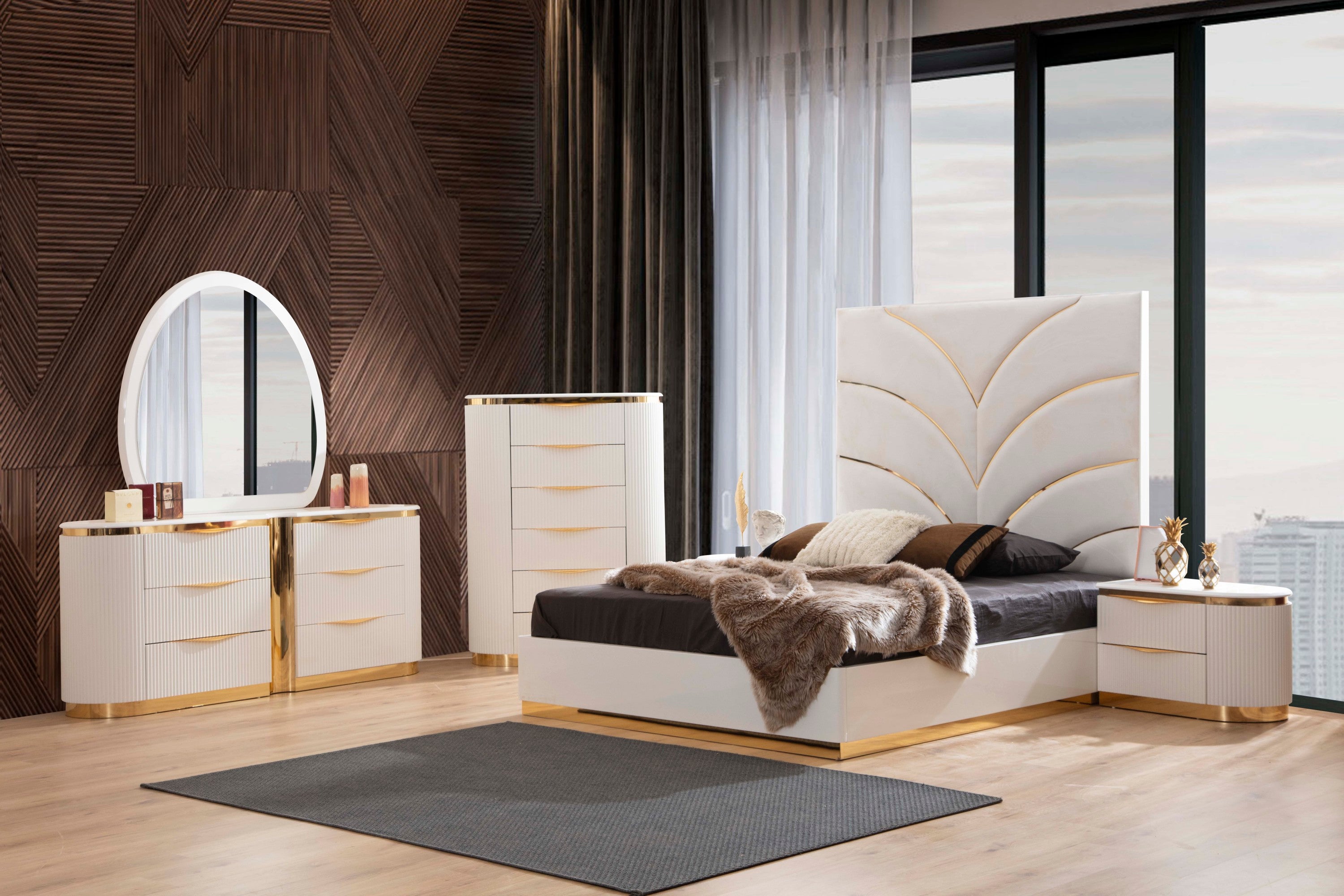 LAURA Gold Detailed Upholstery King 6 Pc made with Wood in White(CA INVENTORY)