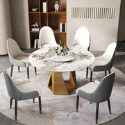 53' Round Marble Dining Table with Bronze Iron Metal Base, Artificial Marble for 6 People, 23.62'White Artificial Stone Turntable,White (Dining Table Only)