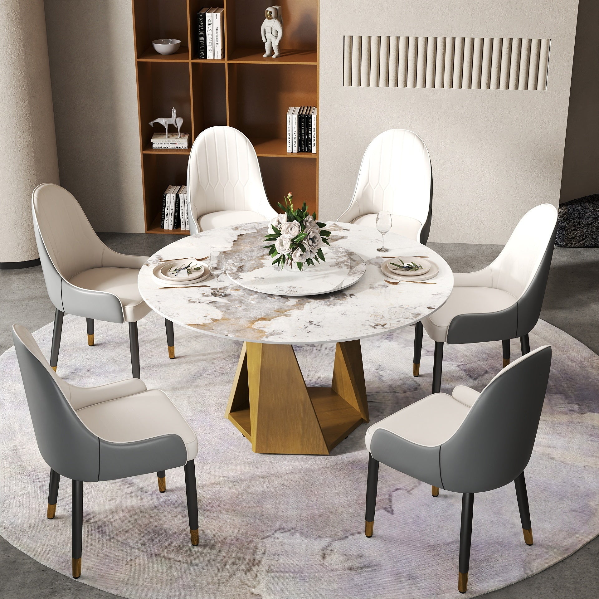 53' Round Marble Dining Table with Bronze Iron Metal Base, Artificial Marble for 6 People, 23.62'White Artificial Stone Turntable,White (Dining Table Only)
