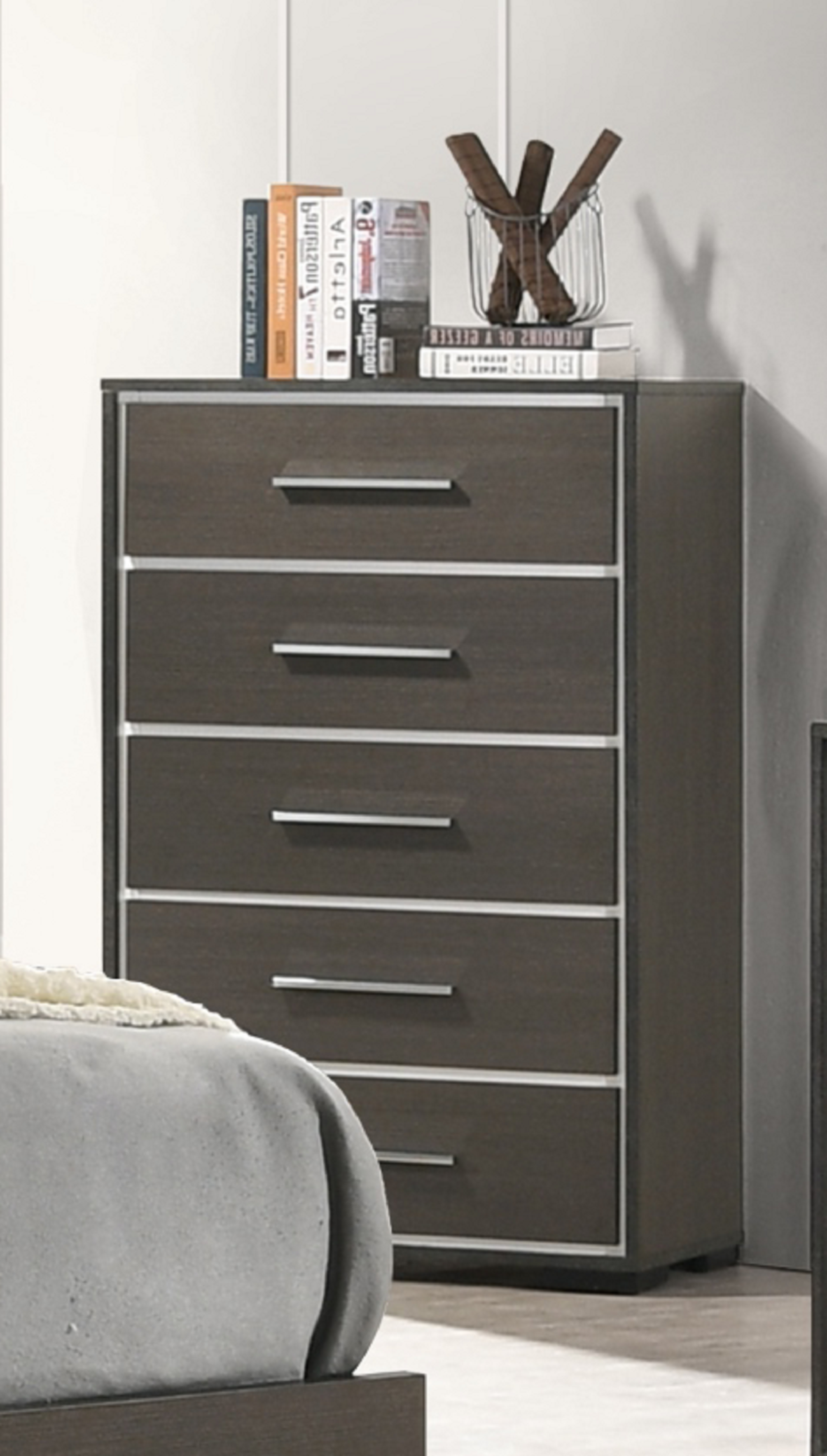1pc Contemporary 5-Drawer Chest with Chrome Accents Gray Rustic Finish Bedroom Wooden Furniture
