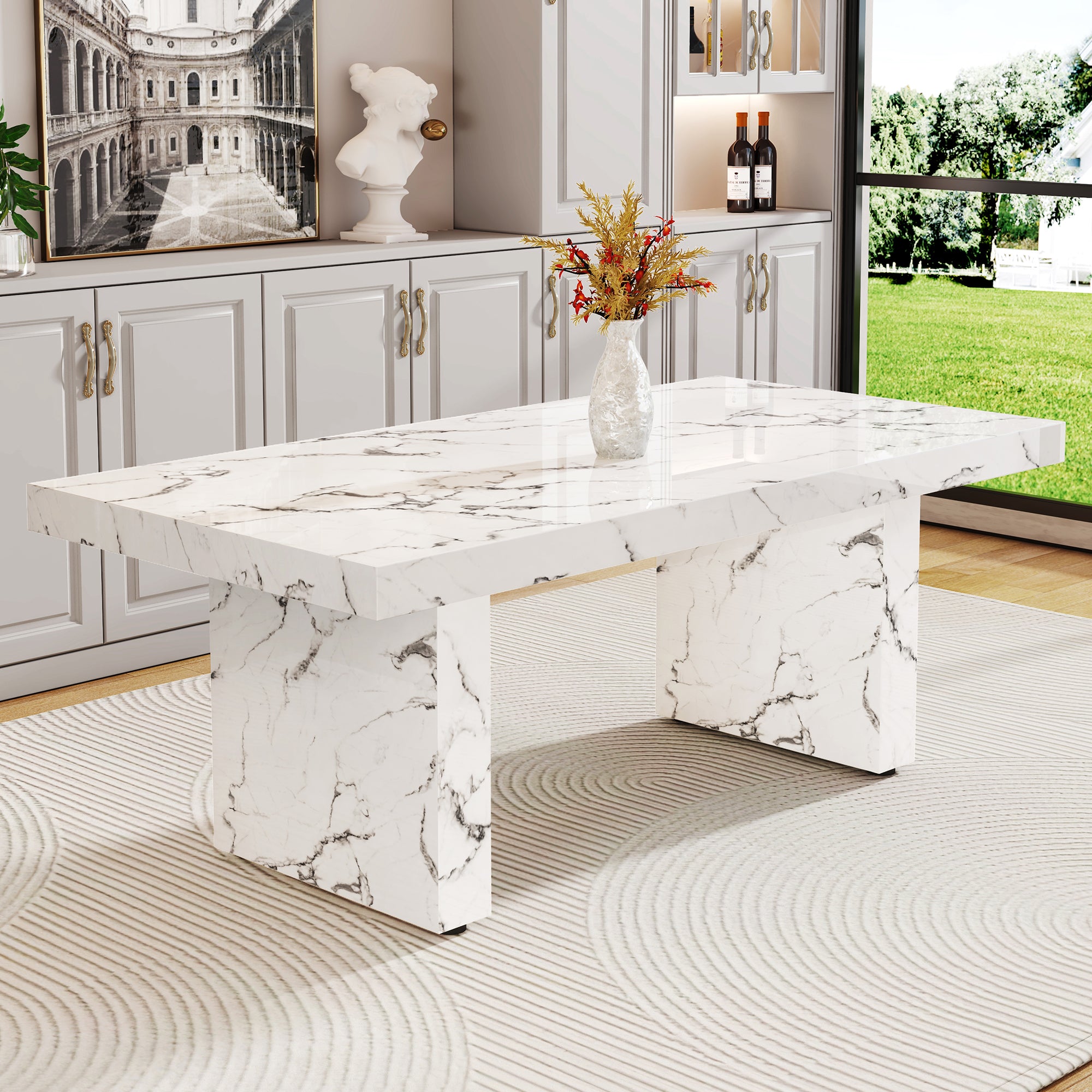 Luxurious Marble Pattern MDF Dining Table - A Choice of Subtle Luxury for Your Home.The white kitchen dining table has patterns and is suitable for 8-10 people.W1151S00674/W1151S03738