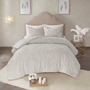 3-Piece Tufted Cotton Chenille Medallion Comforter Set Grey Full/Queen