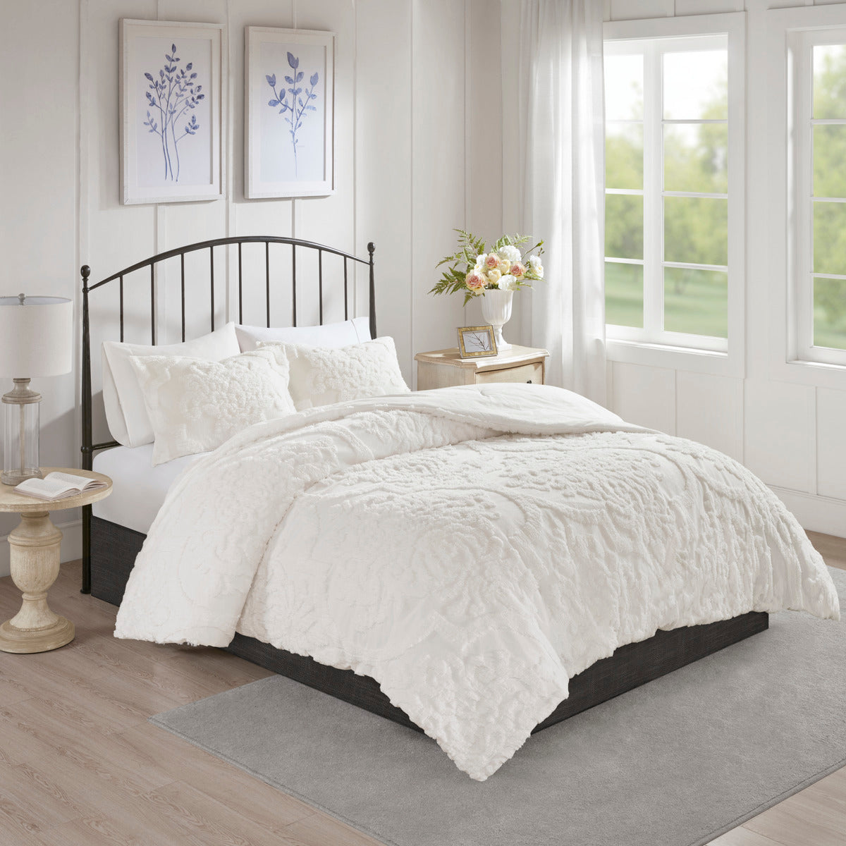 3 Piece Tufted Cotton Chenille Damask Comforter Set Off-White Full/Queen