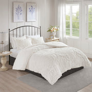 3 Piece Tufted Cotton Chenille Damask Comforter Set Off-White Full/Queen