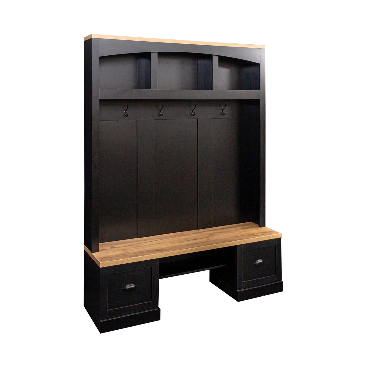 Farmhouse 4-in-1 Hall Tree with Wood Grain Bench and Top, Multifunctional Coat Rack with Black Hooks and Shell Handles, Mudroom Bench with Adjustable Shelves for Hallway, Living Room, Black, 55.1W