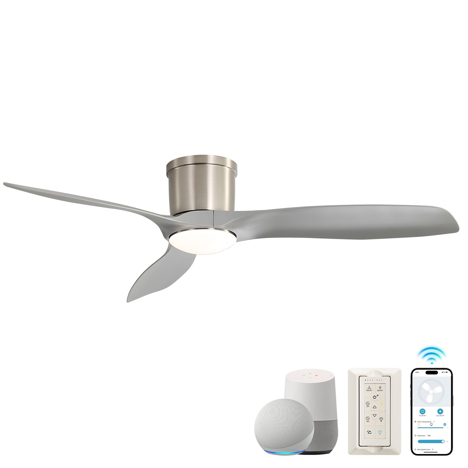 52-Inch Smart Ceiling Fan With Light,Flush Mount Ceiling Fan With Remote Control.3 Grey ABS Blades,18W Dimmable Light