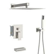 Brushed Nickel Square Shower System with Waterfall Tub Spout and Rough-in Valve, Wall Mounted, Stainless Steel and Brass
