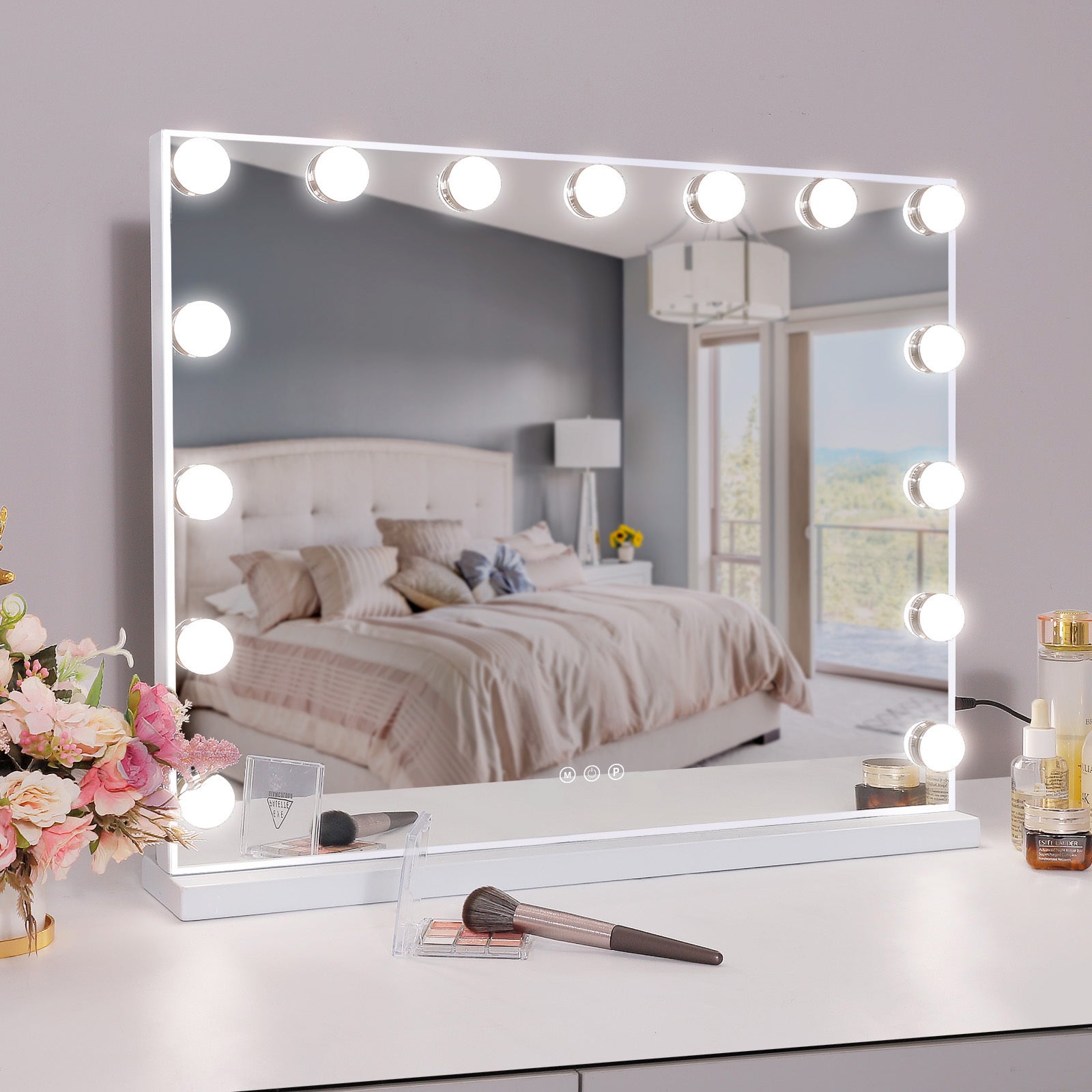 Vanity Mirror with Lights, Hollywood Lighted Makeup Mirror with 15 Dimmable LED Bulbs 3 Colors Lights & USB Charge Port for Dressing Room & Bedroom, Slim Metal Frame Design, Tabletop/Wall