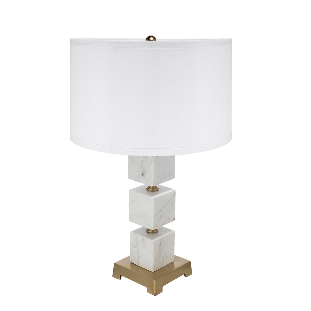 D16x26.5' White Marble Cube Table Lamp with Gold Base and Body (Lamp Shade Assembly Required)