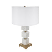 D16x26.5' White Marble Cube Table Lamp with Gold Base and Body (Lamp Shade Assembly Required)