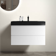Alice 36' White Bathroom Vanity with Sink, Large Storage Wall Mounted Floating Bathroom Vanity for Modern Bathroom, One-Piece Black Sink Basin without Drain and Faucet, Pre-assembled