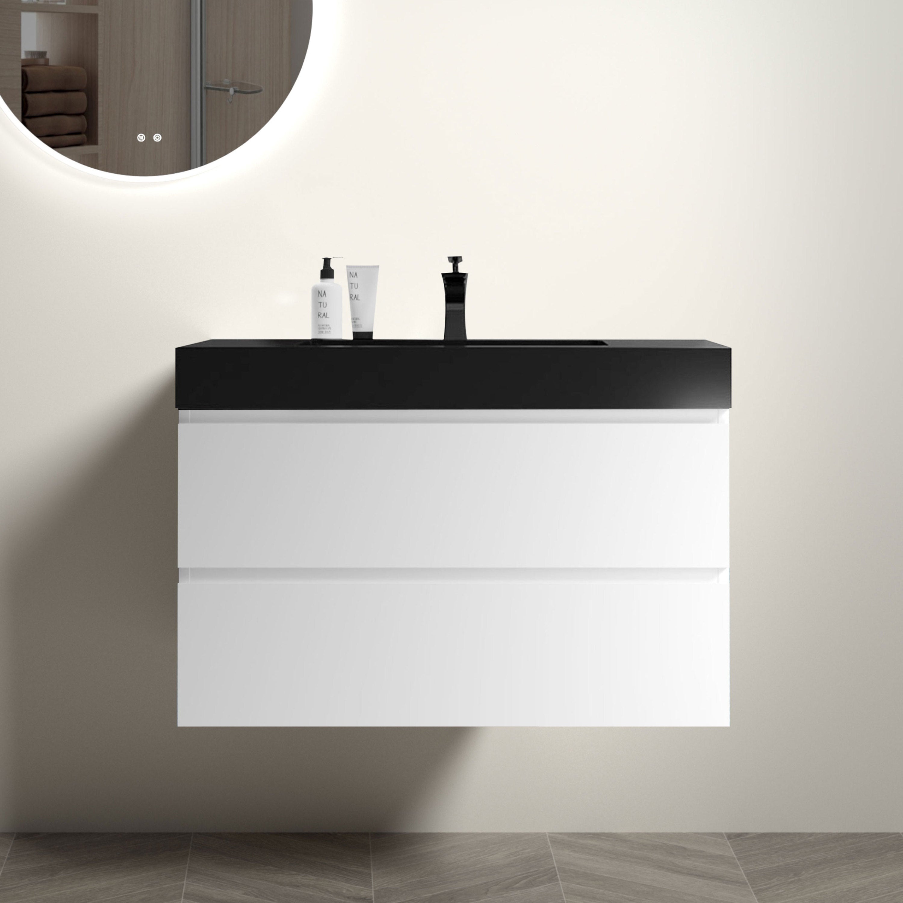 Alice 36' White Bathroom Vanity with Sink, Large Storage Wall Mounted Floating Bathroom Vanity for Modern Bathroom, One-Piece Black Sink Basin without Drain and Faucet, Pre-assembled