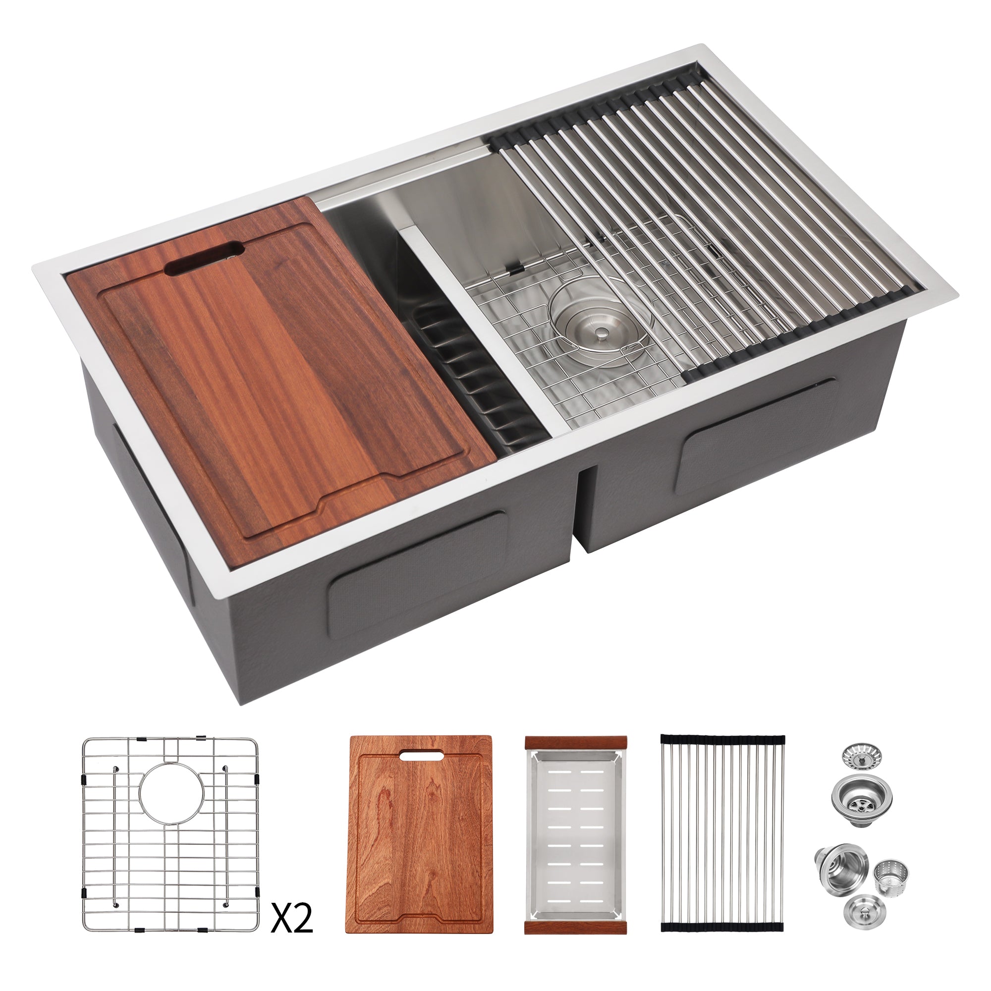 Stainless Steel Undermount Kitchen Sink with Double Bowl 50/50 Split, 16 Gauge, Brushed Nickel, 33'x19'