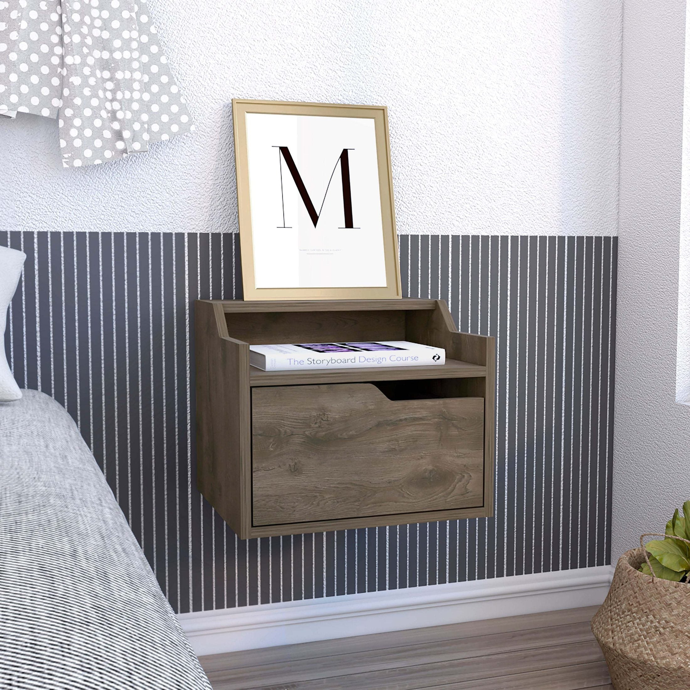 Busan Modern Floating Nightstand , End Table, Side Table Single-Drawer Design with Sleek Two-Tiered Top Shelf Surfaces- Dark Brown - Bedroom