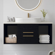 Modern 40-In Wall-Mounted Bathroom Vanity with Oval Ceramic Sink Floating Vanity Multi-Layer Solid Wood Cabinet Soft-Close Drawers Open Shelf Storage