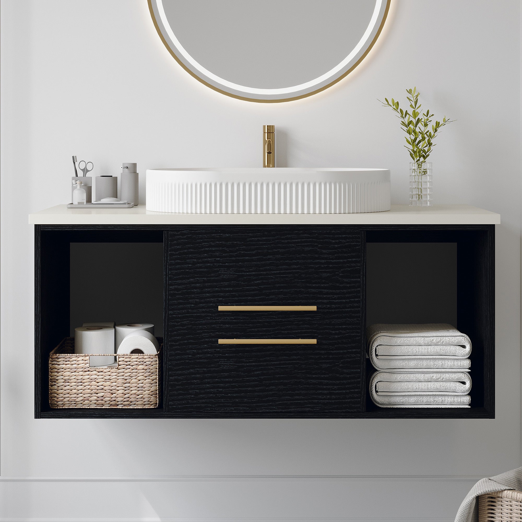 Modern 40-In Wall-Mounted Bathroom Vanity with Oval Ceramic Sink Floating Vanity Multi-Layer Solid Wood Cabinet Soft-Close Drawers Open Shelf Storage