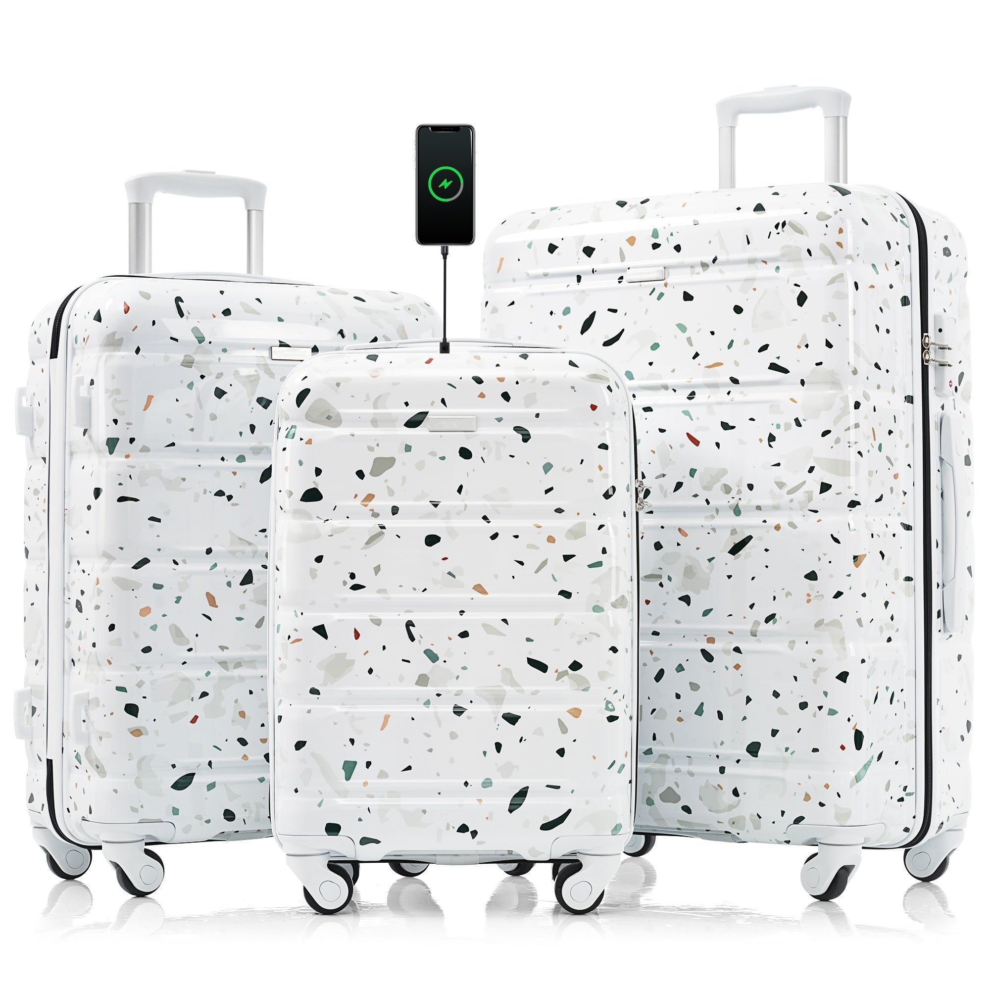 Luggage Set of 3, 20-inch with USB Port, Airline Certified Carry-on Luggage  , ABS+PC Hard Shell Luggage with Spinner Wheels,starry sky white