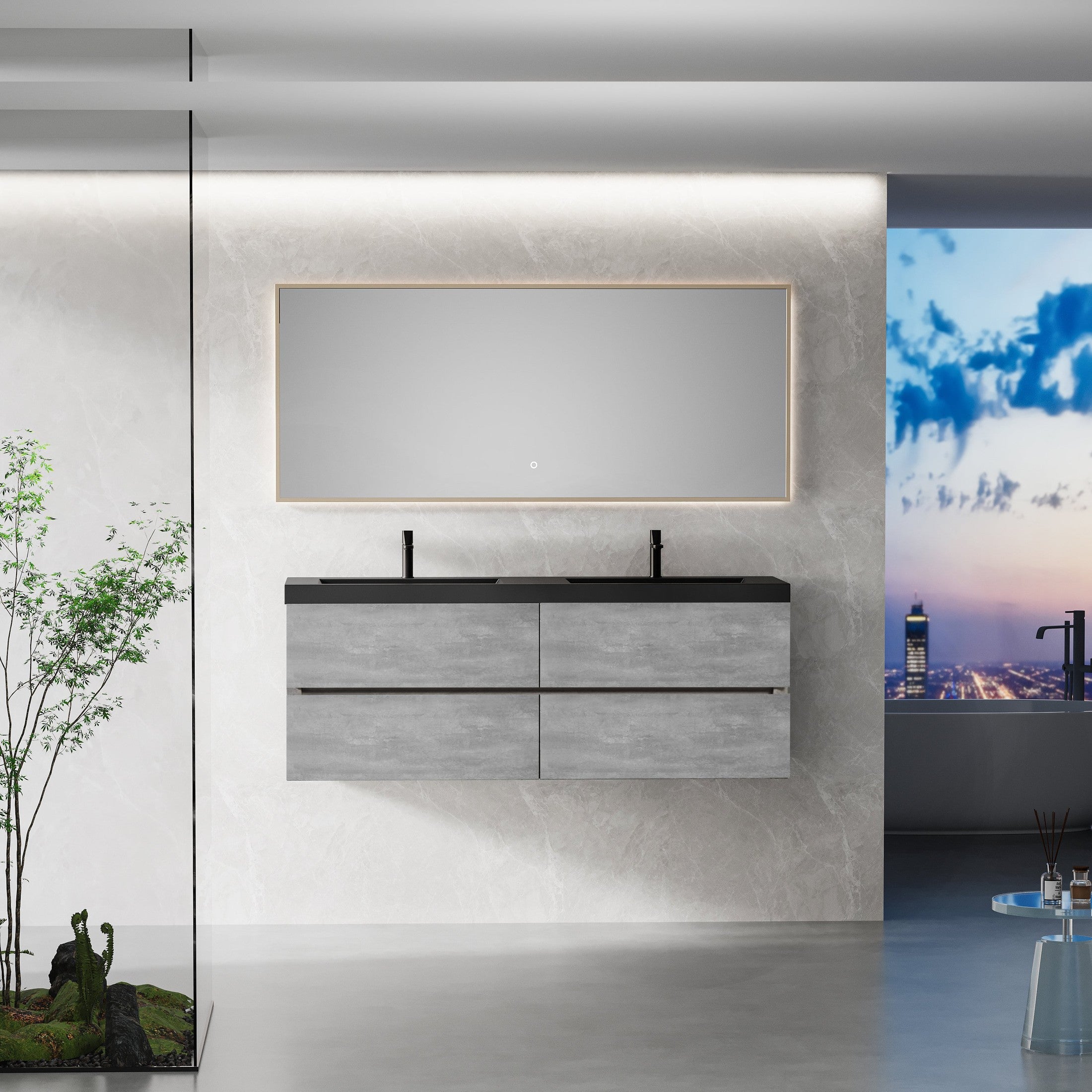 60' Floating Bathroom Vanity with Sink, Modern Wall-Mounted Bathroom Storage Vanity Cabinet with Double Black Quartz Sand Top Basins and Four Soft Close Drawers, EDI-Series Cement Grey 24V12-60GR