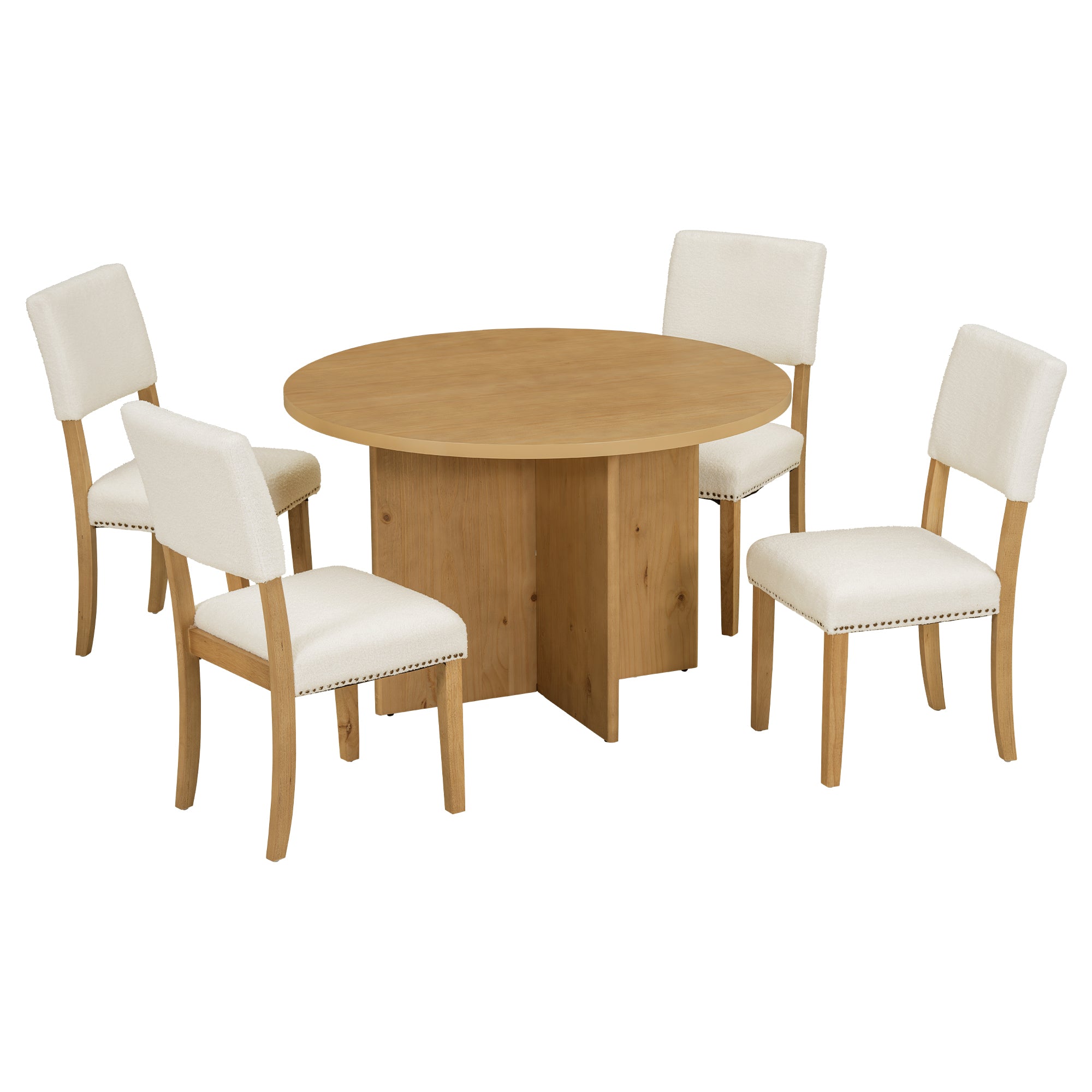 TOPMAX Modern 5-Piece Round Dining Table Set with Pedestal and Upholstered Chairs in Natural Finish