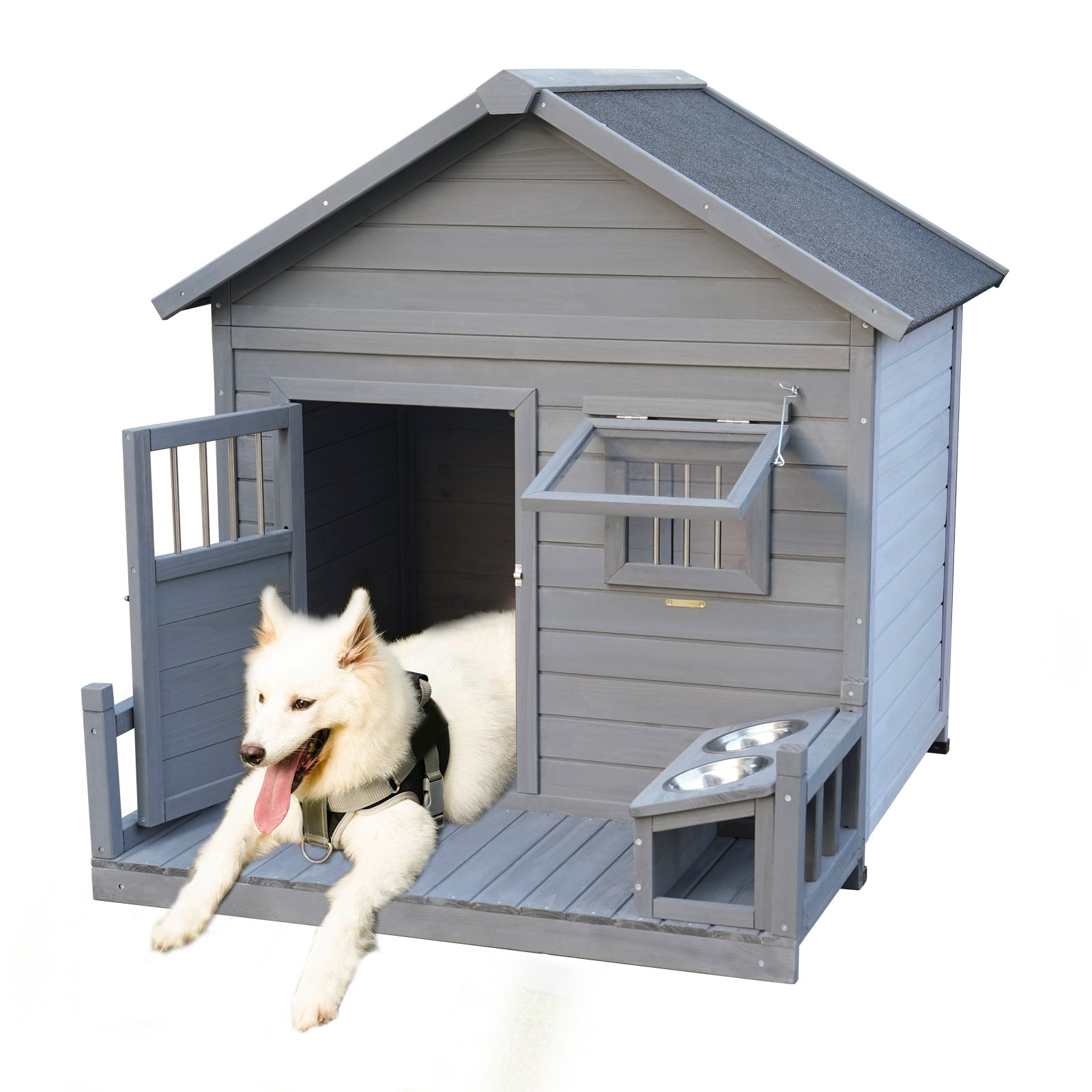 Large dog house, long 44.2' x wide 44.6' x high 44.6' Solid wood asphalt roof dog house with large terrace for large dogs, weatherproof large dog house ,Small wooden doors that can be locked