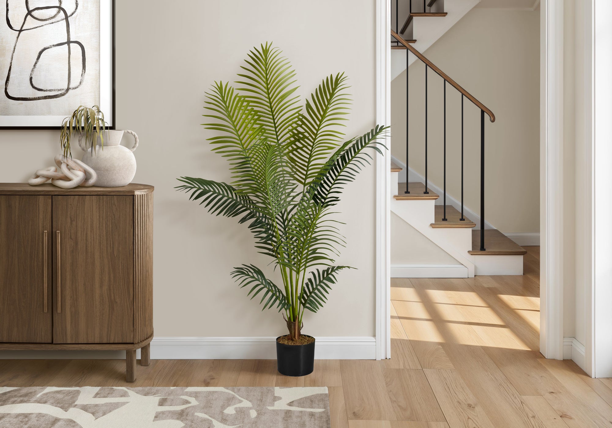 Artificial Plant, 57' Tall, Palm Tree, Indoor, Faux, Fake, Floor, Greenery, Potted, Real Touch, Decorative, Green Leaves, Black Pot