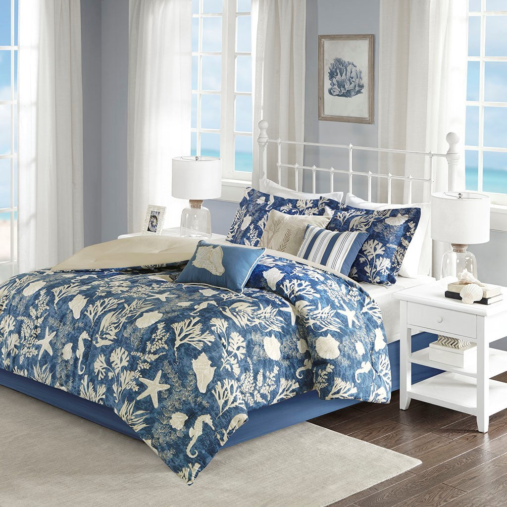 7 Piece Cotton Sateen Comforter Set Blue Queen