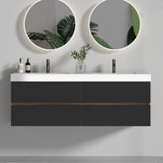 Grace 60' Walnut Bathroom Vanity with Glossy White Solid Surface Sink and Soft Black Drawers, Wall Mounted Floating Bathroom Vanity for Modern Bathroom, One-Piece Glossy White Basin, Pre-assembled