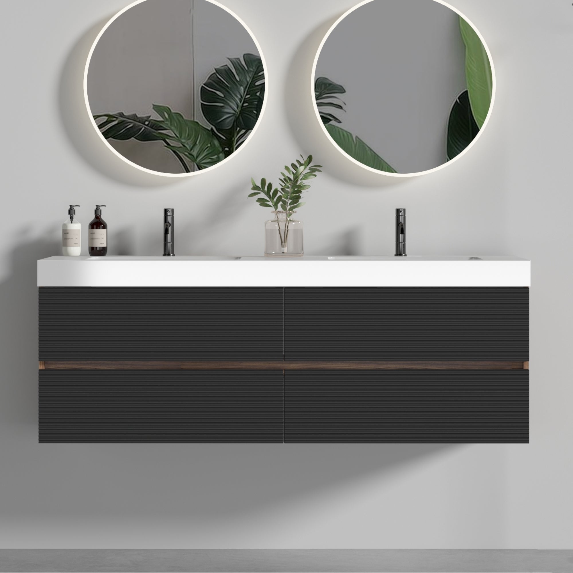 Grace 60' Walnut Bathroom Vanity with Glossy White Solid Surface Sink and Soft Black Drawers, Wall Mounted Floating Bathroom Vanity for Modern Bathroom, One-Piece Glossy White Basin, Pre-assembled