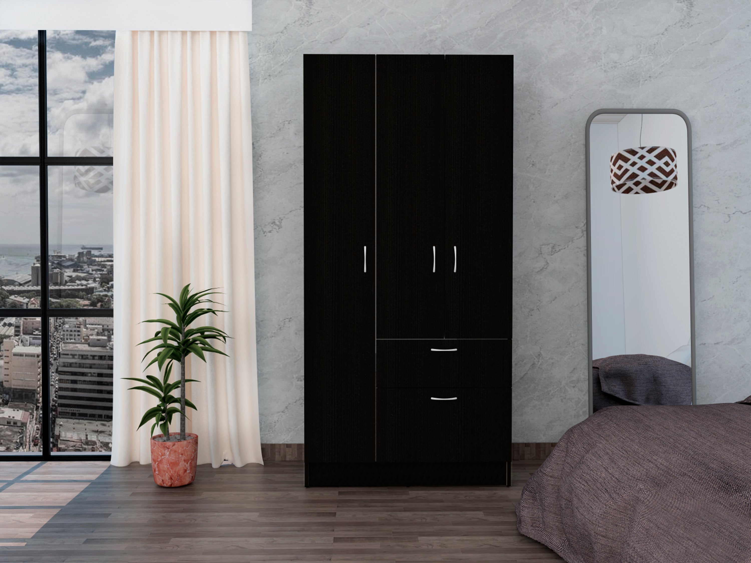Armoire, One Drawer, Metal Rod, Five Shelves, Double Door Cabinet, Black / White
