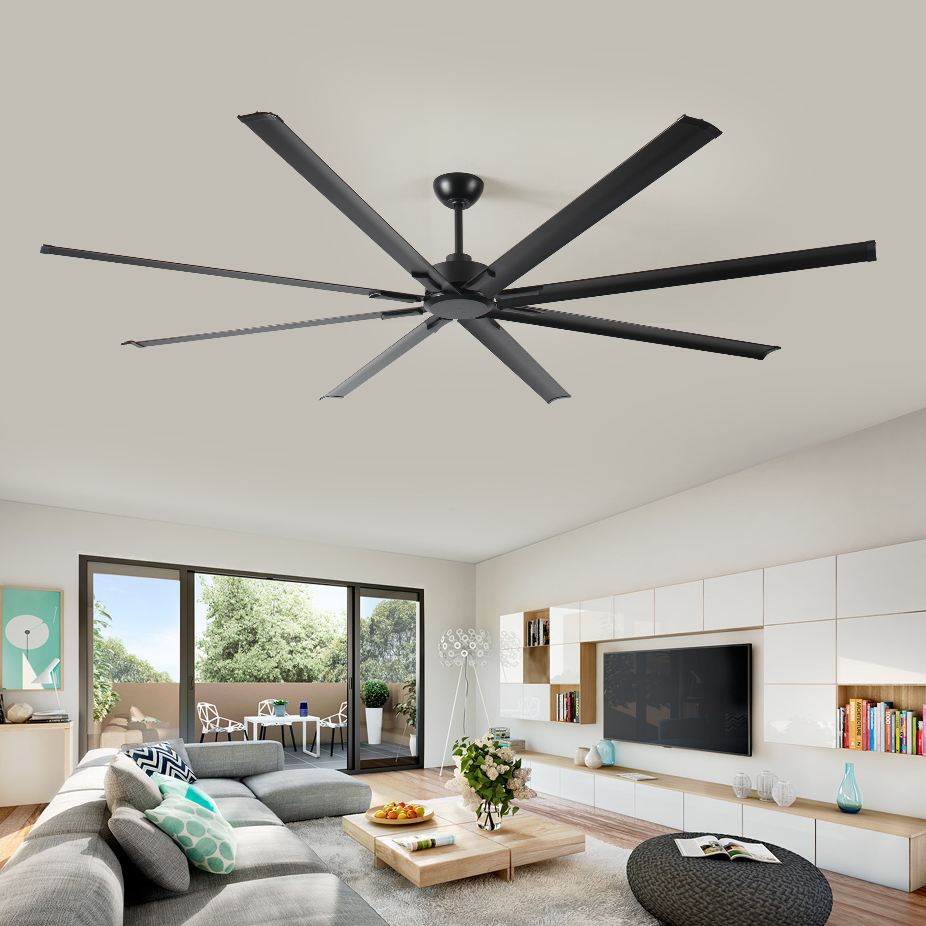 96 Inch Industrial DC Motor Ceiling Fan, Large Ceiling Fan with 8 Reversible Blades,  5-Speed Remote Control, Home or Commercial Ceiling Fans for Porch/Garage/Shop, Black