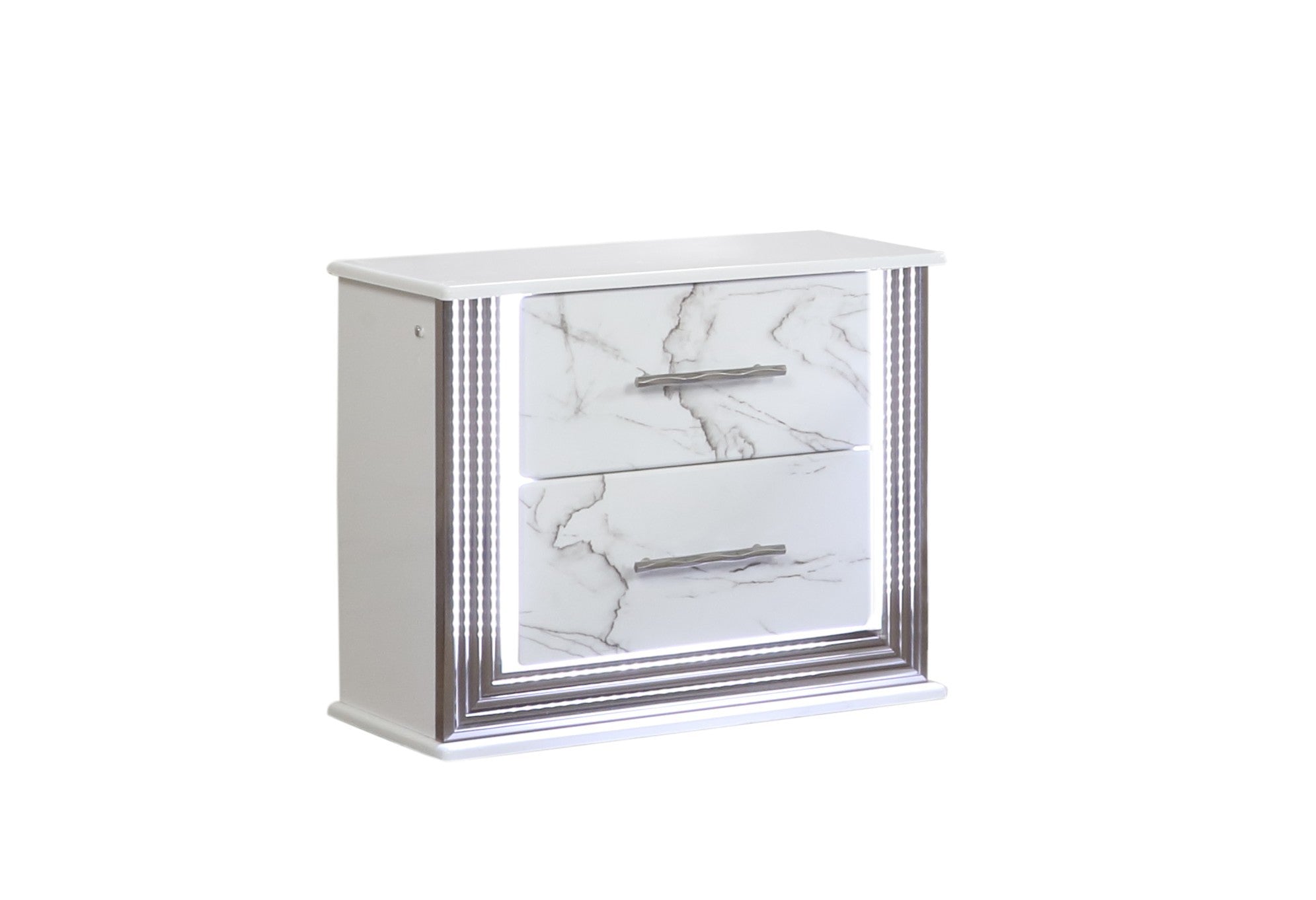 Desire Nightstand – Marble-Inspired Drawer Fronts, LED Side Lighting, and Metallic Trim for Glamorous and Practical Bedside Storage      Same as G150109090  (NJ inventory)