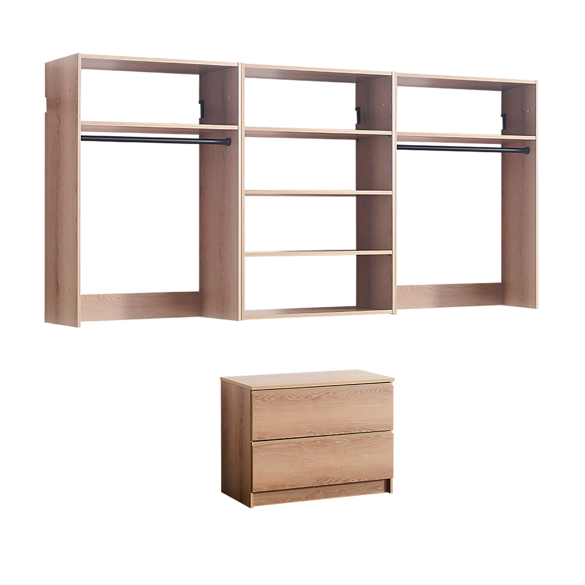 Devi Oak Wall Mounted Wood Closet System with Modular Versatility and Warm Oak Finish
