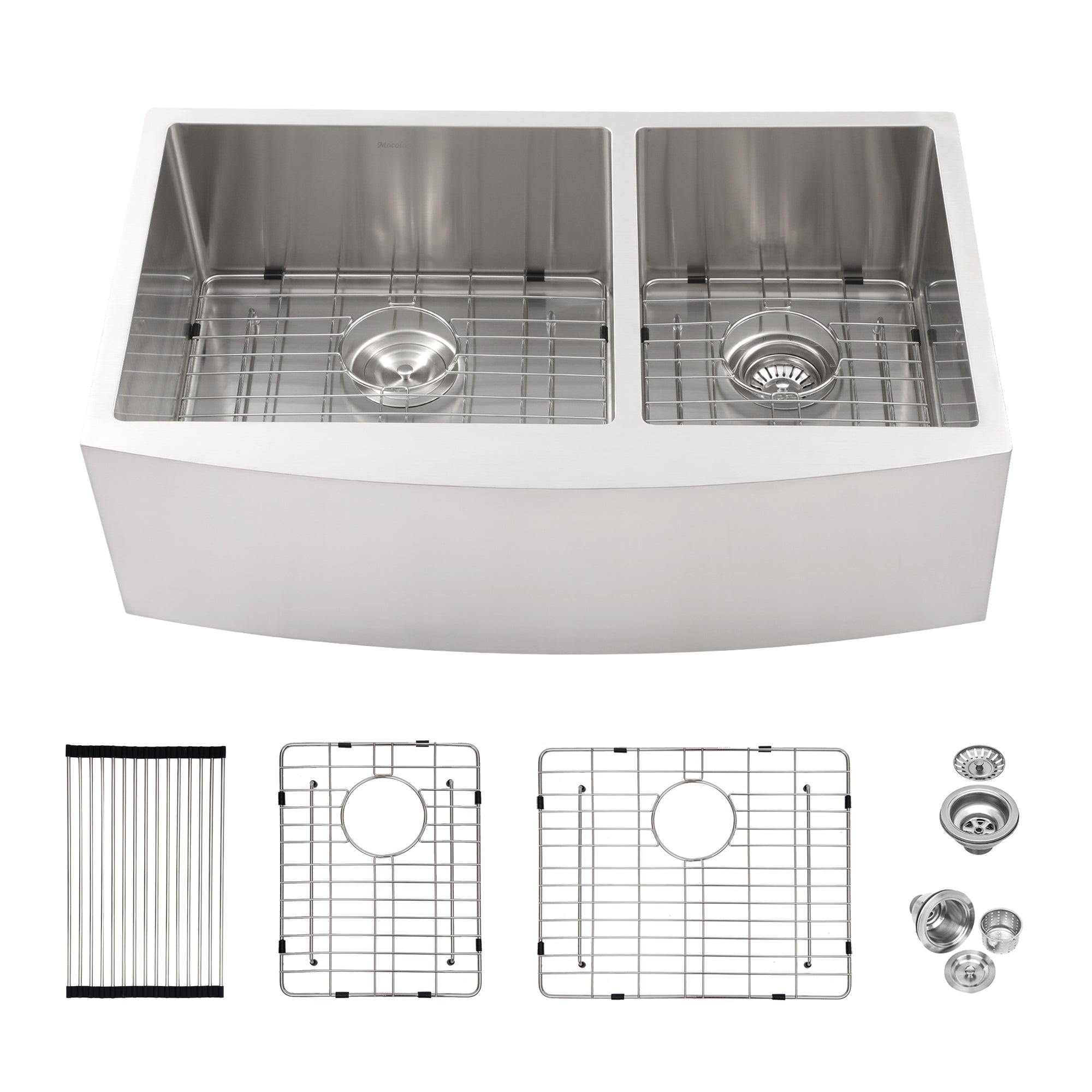 Modern Farmhouse Double Bowl Sink 60/40 Split Stainless Steel Apron Front Kitchen Sink in Brushed Nickel 16 Gauge with Two 10' Deep Basins 33'x21'x10'