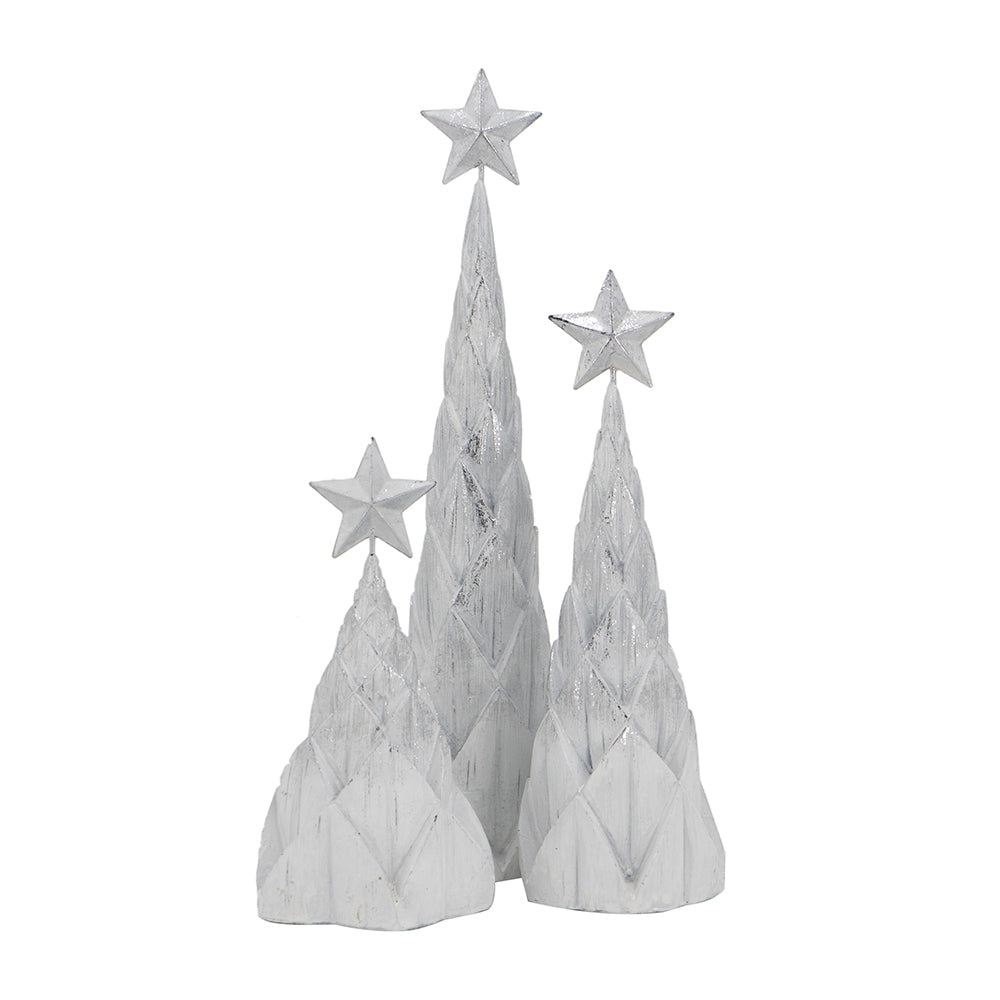 Set of 3 Resin White/Silver Foil Christmas Tree With Star Top, L:4x4x16' M:4x4x12' S:4.5x4.5x8.8'
