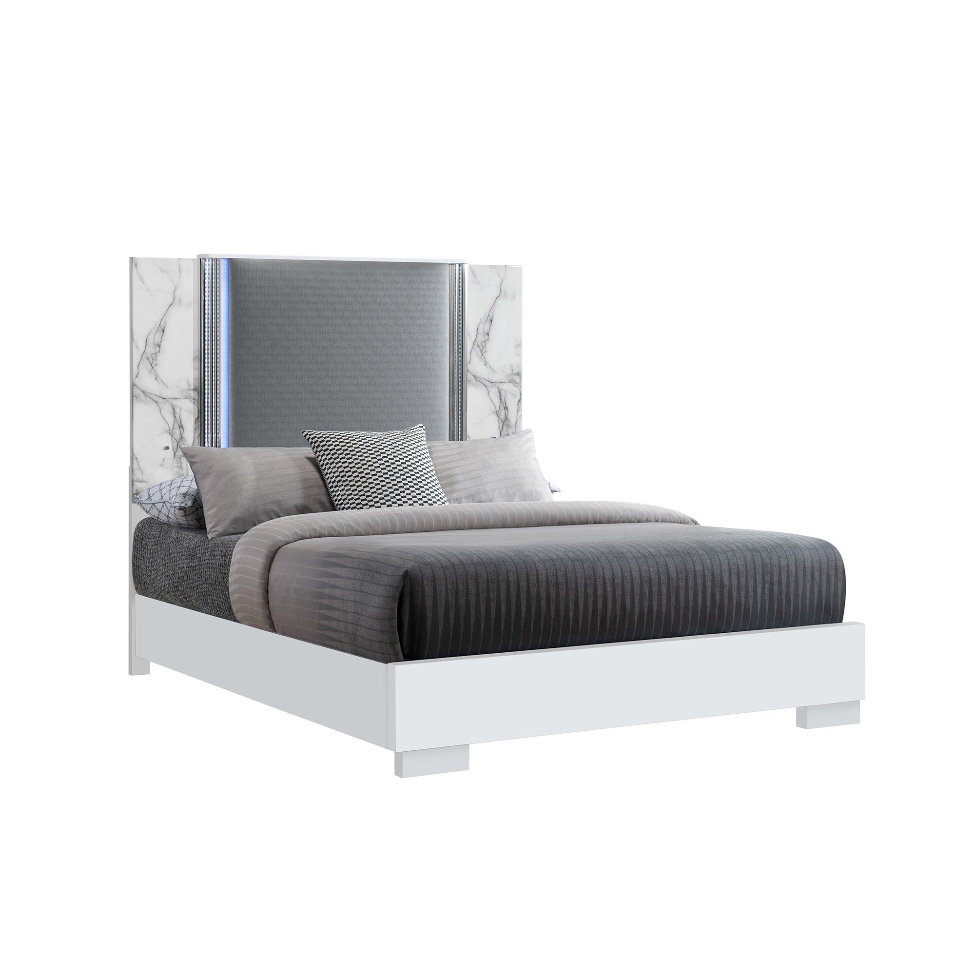 Contemporary MOON White Marble Queen 5PC Bedroom Set with LED Lighting and Solid Wood Construction