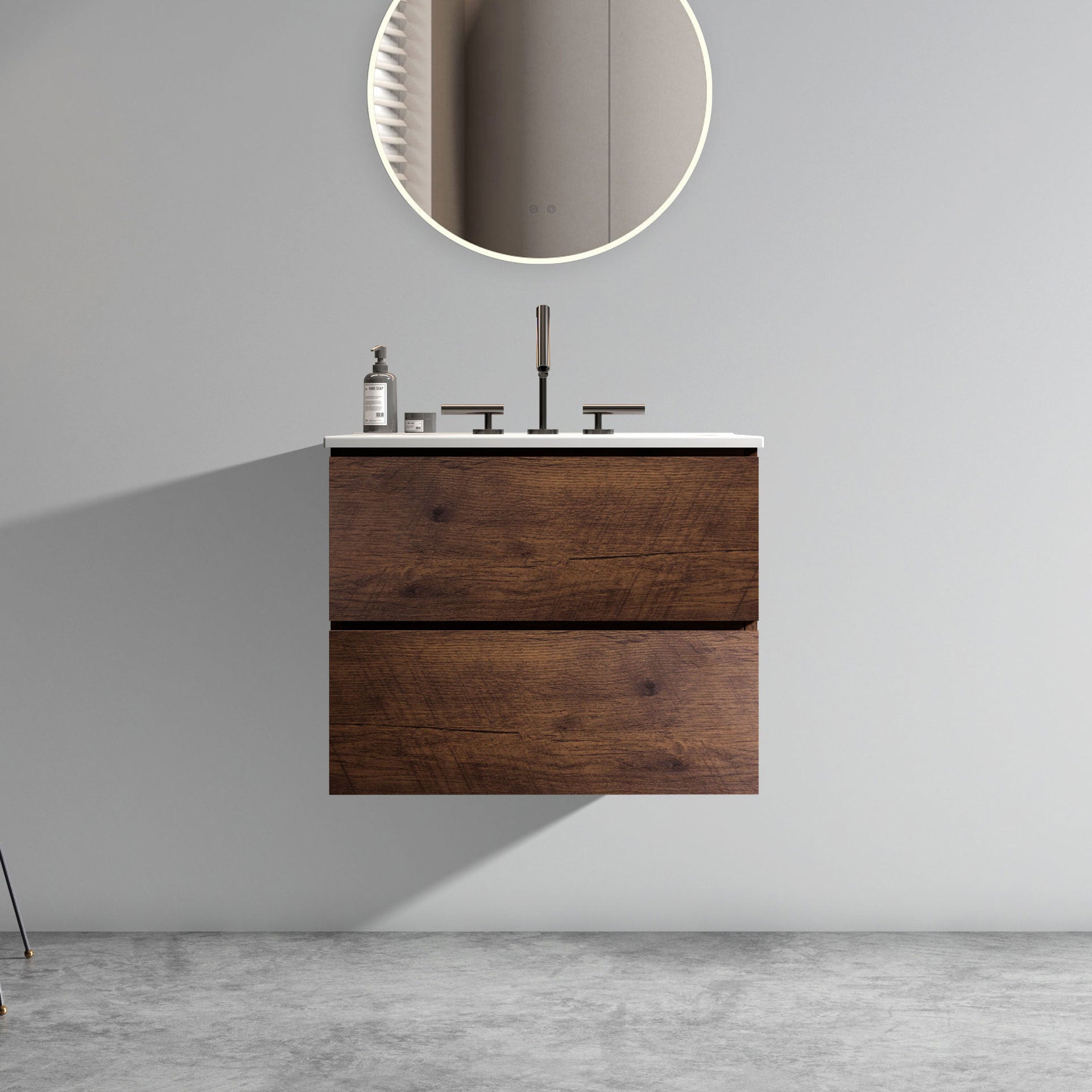 Wall Mount 24' Walnut Bathroom Vanity with Ceramic Sink with three faucet holes, Large Storage Floating Bathroom Vanity for Modern Bathroom, One-Piece Sink Basin without Drain, Pre-assembled