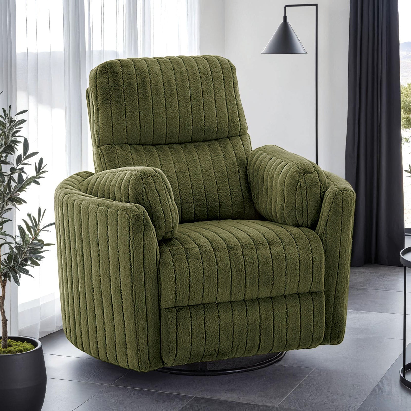 Power Glider Recliner w/ Swivel Contemporary Olive Green Finish Curved Arms Pillow Fill Swivel Chair Primary Living Room