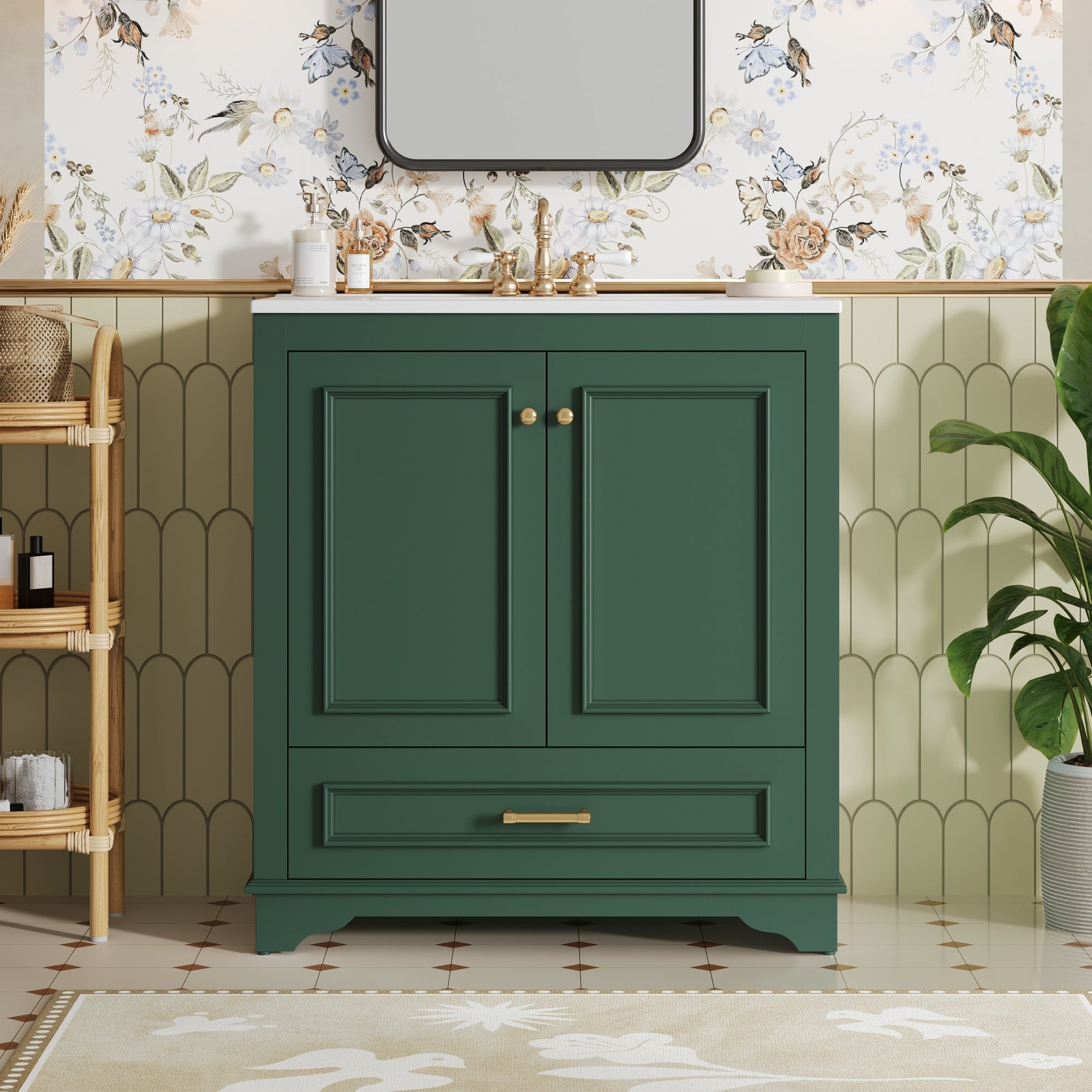 30' Luxurious Bathroom Vanity with Ceramic Sink, Bathroom Vanities Cabinet with 2 large Soft Closing Doors, Solid Wood Frame Bathroom Storage Cabinet