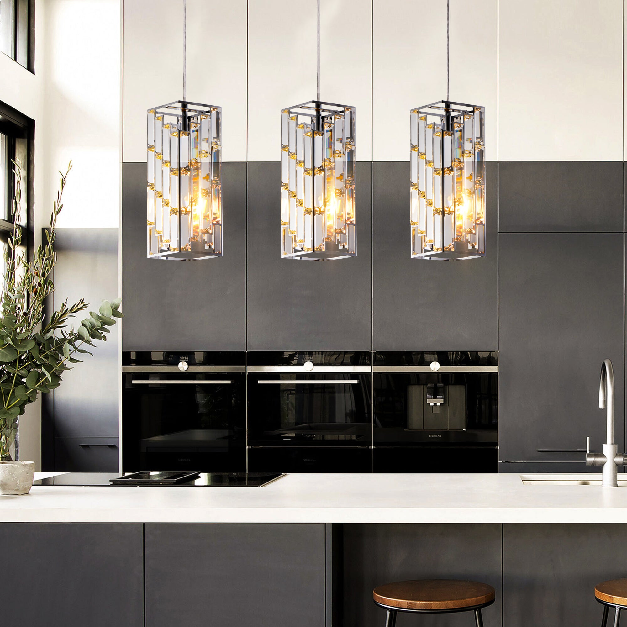 4' Modern Crystal Pendant Light - 3 Pack, Adjustable Hanging Ceiling Lamp with Crystal Prism Design for Dining Room, Kitchen Island, and Living Room -Chrome Finish