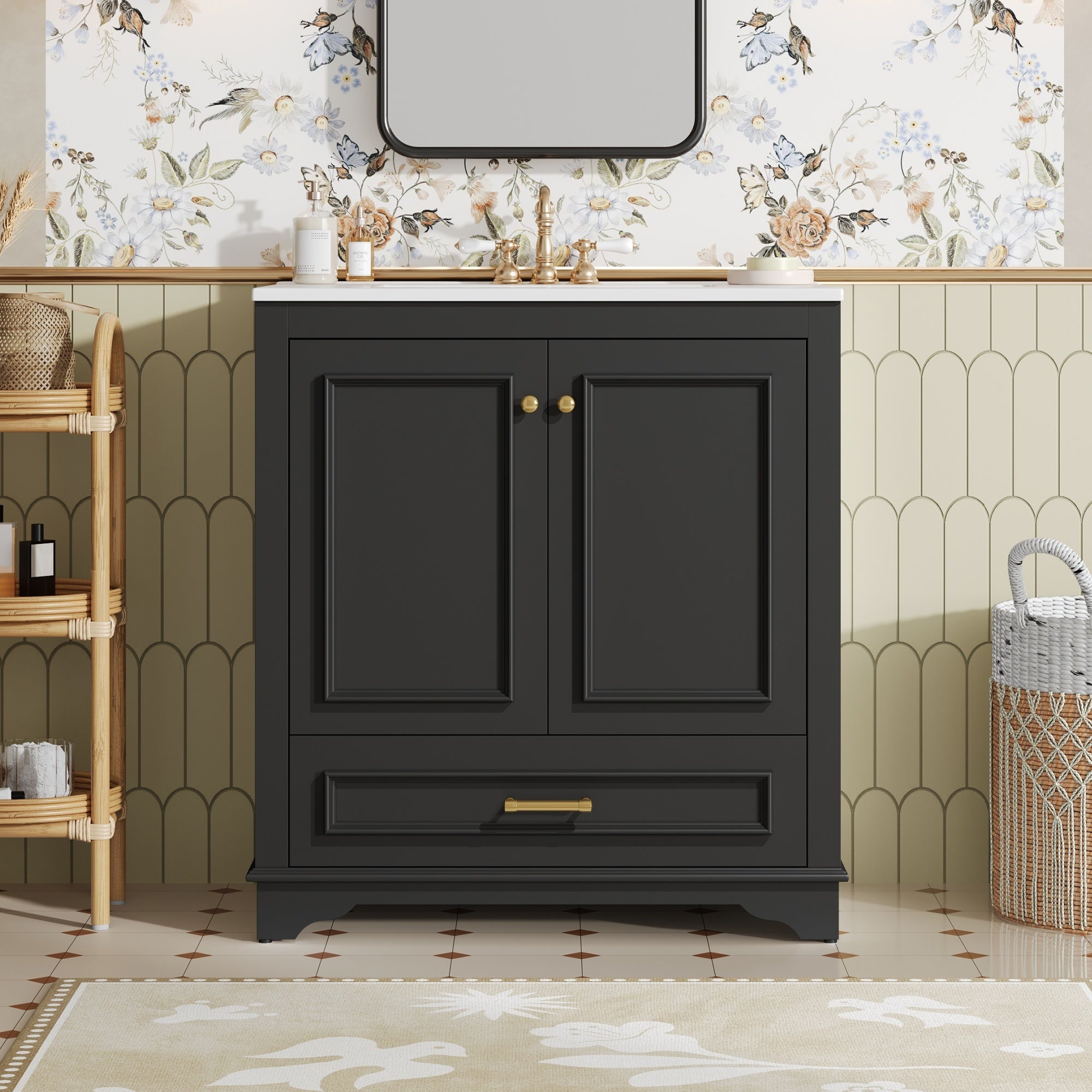 30' Luxurious Bathroom Vanity with Ceramic Sink, Bathroom Vanities Cabinet with 2 large Soft Closing Doors, Solid Wood Frame Bathroom Storage Cabinet