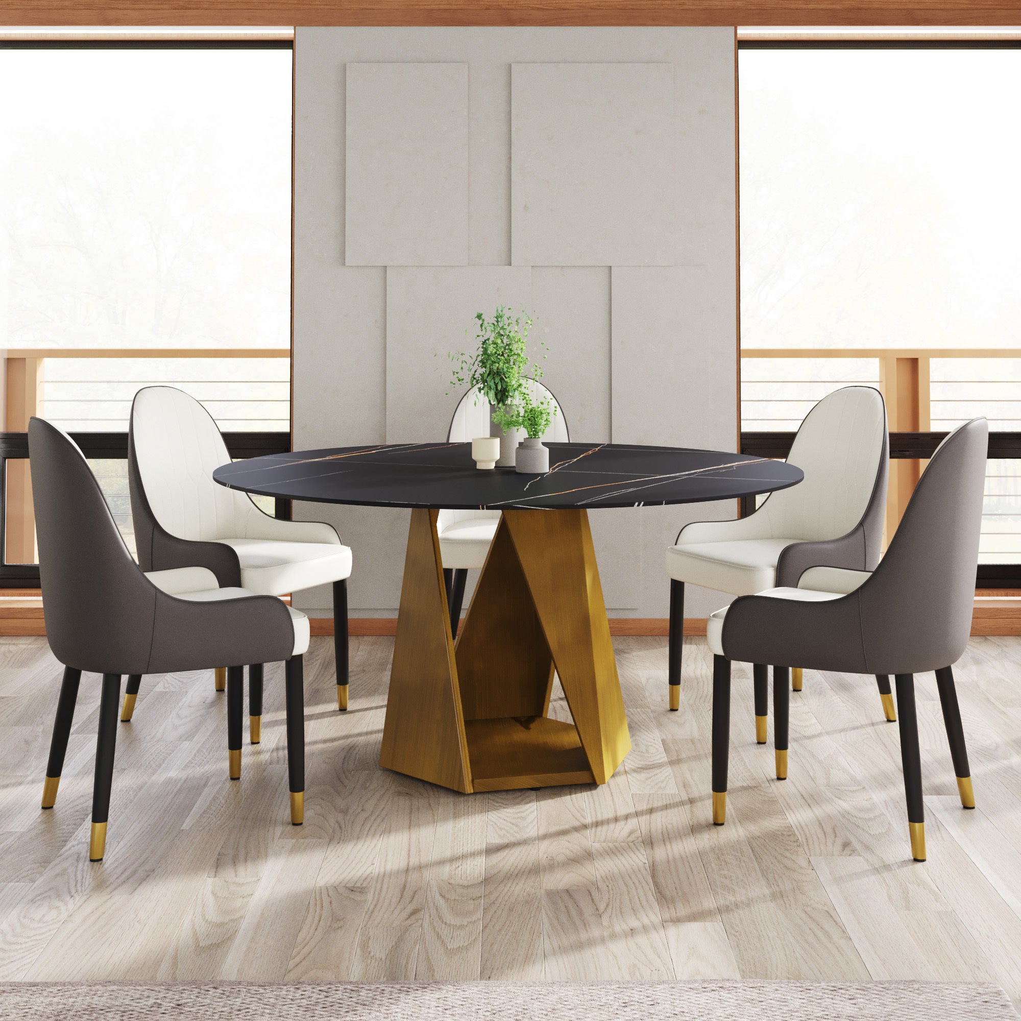 59.05' Round Marble Dining Table With Bronze Iron Metal Base, Artificial Marble For 6-8 People, Dining Room/Living Room Kitchen Dining Table,Black (Dining Table Only)