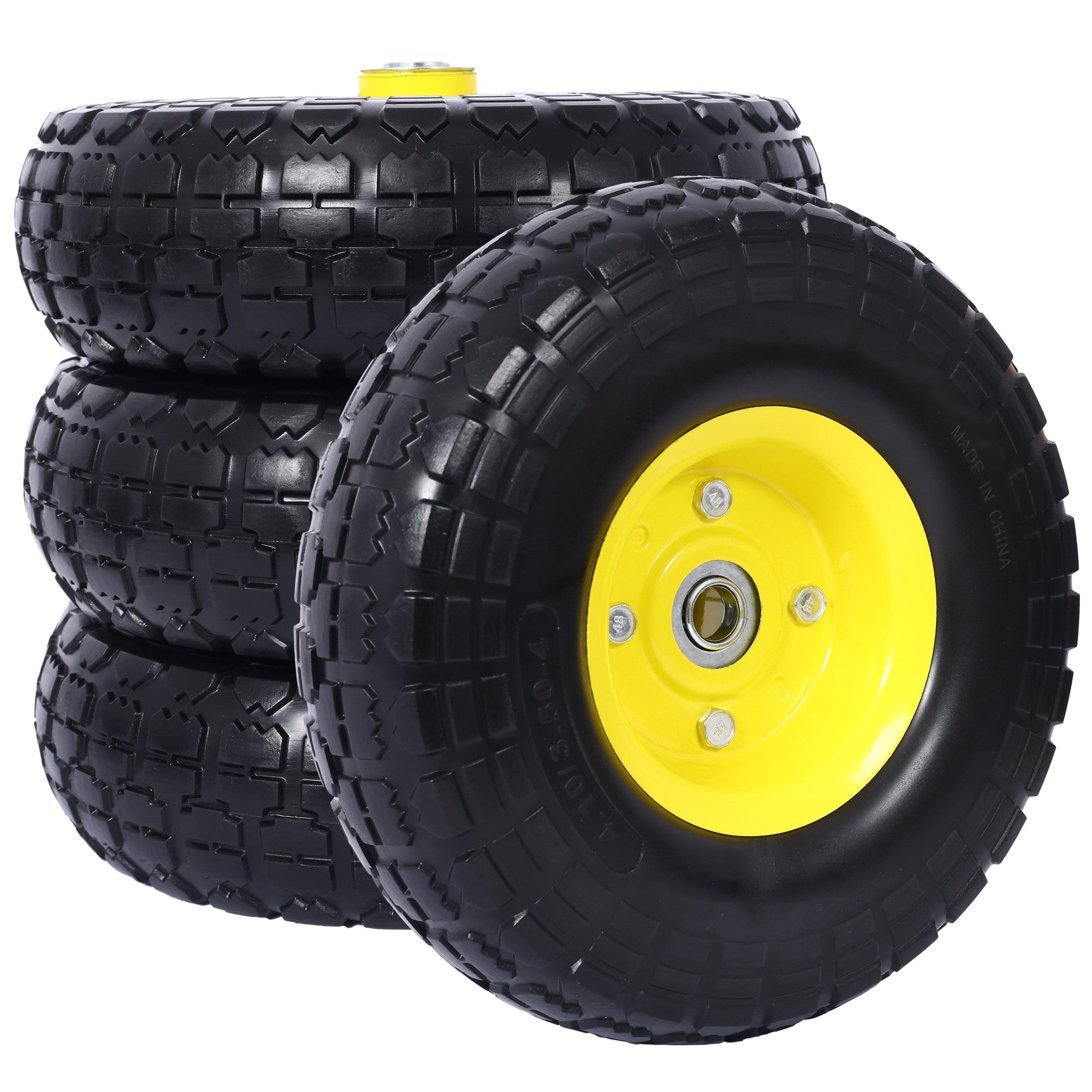 Heavy-Duty Flat free PU foam Tire and Wheel - 4.10/3.50-4',  10' Diameter, 5/8' Axle Bore Hole, 2.2' Offset Hub and Double Sealed Bearings for Hand Trucks Replacement, Black color with yellow rim