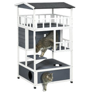 PawHut Wooden Outdoor Cat House, Feral Cat Shelter Kitten Tree with Asphalt Roof, Escape Doors, Condo, Jumping Platform, Grey