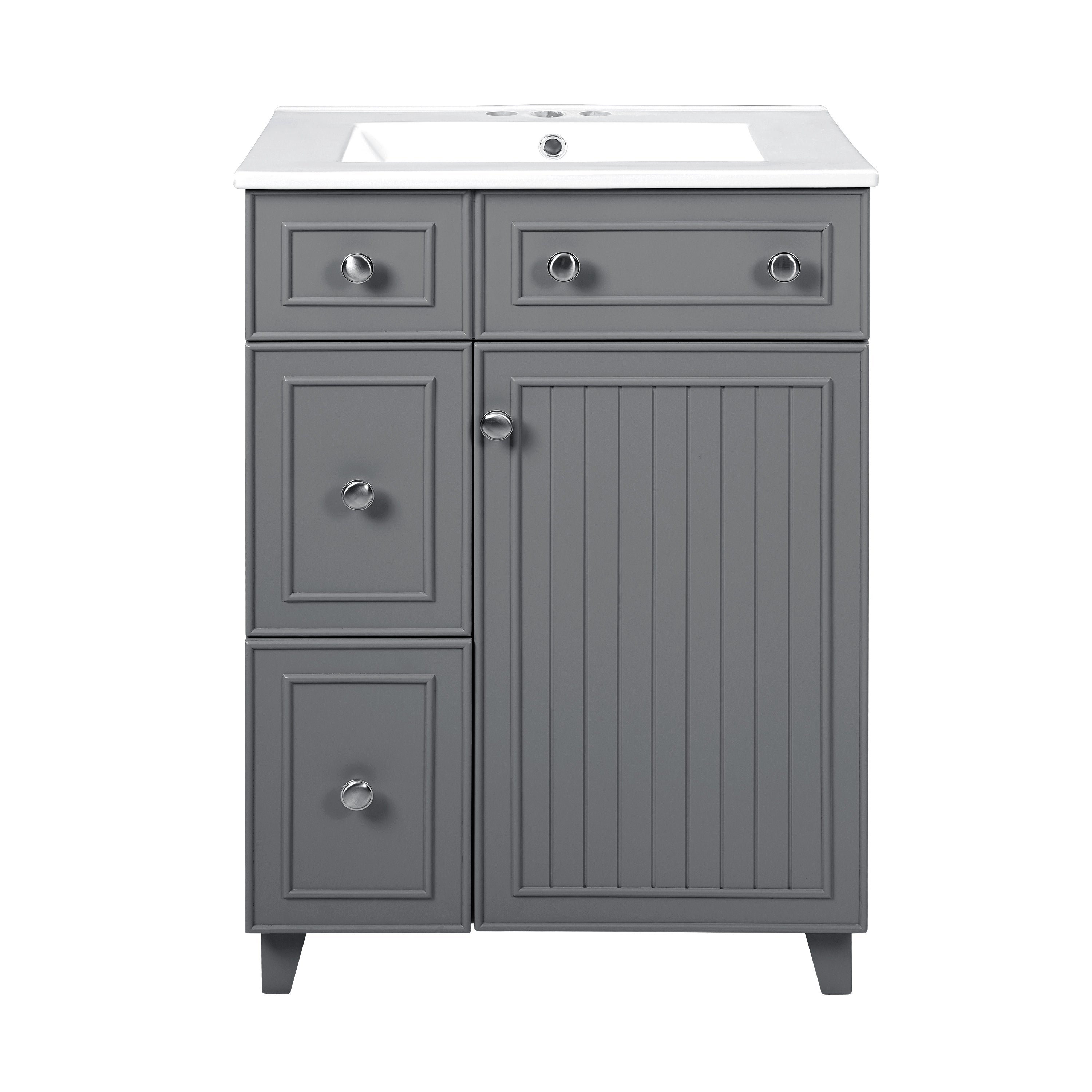 Transitional Gray Bathroom Vanity Cabinet with Ceramic Sink, 2 Drawers, 1 Soft-Close Door
