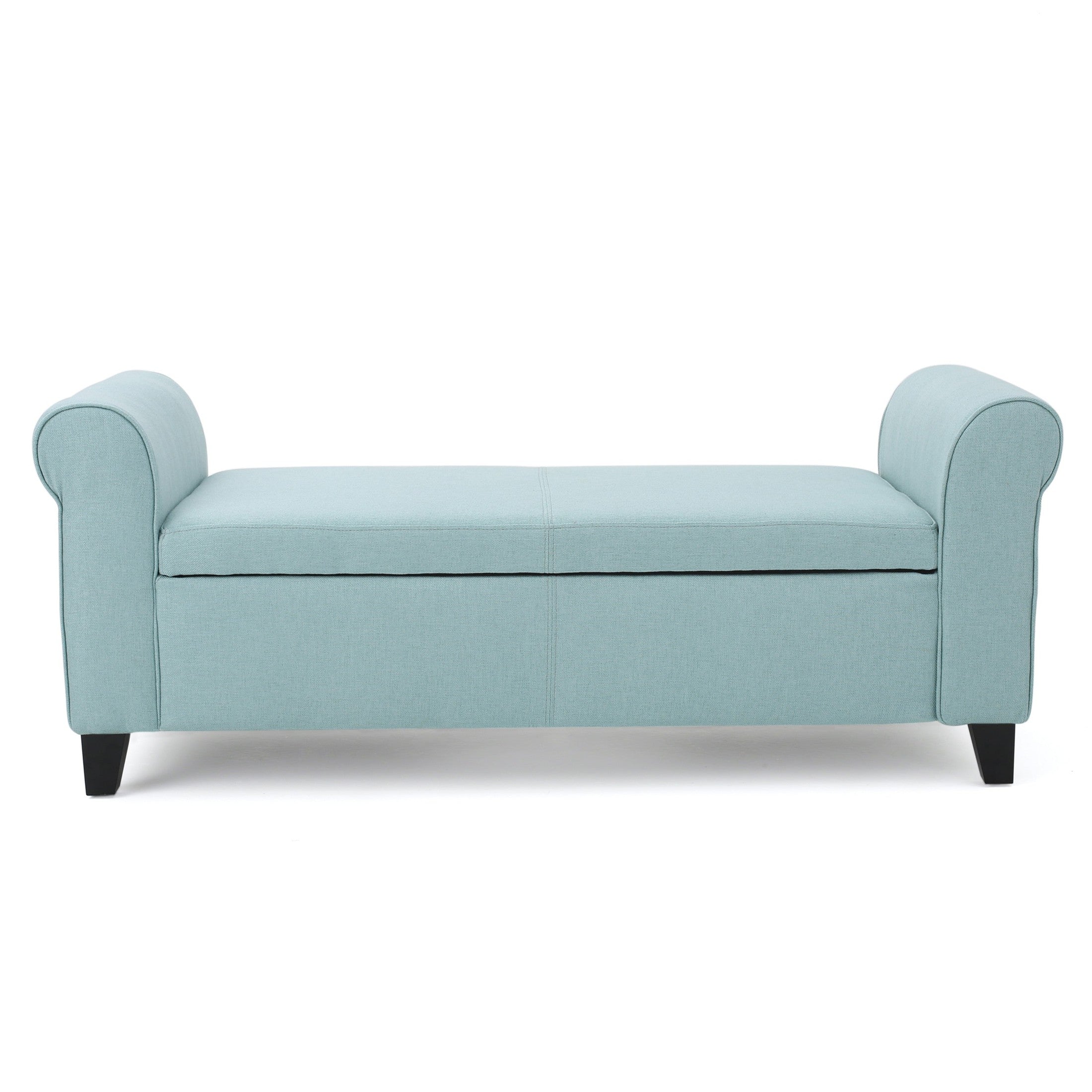 Contemporary HAYES Armed Storage Bench with Rolled Arms in Light Blue Fabric, 50 Inch