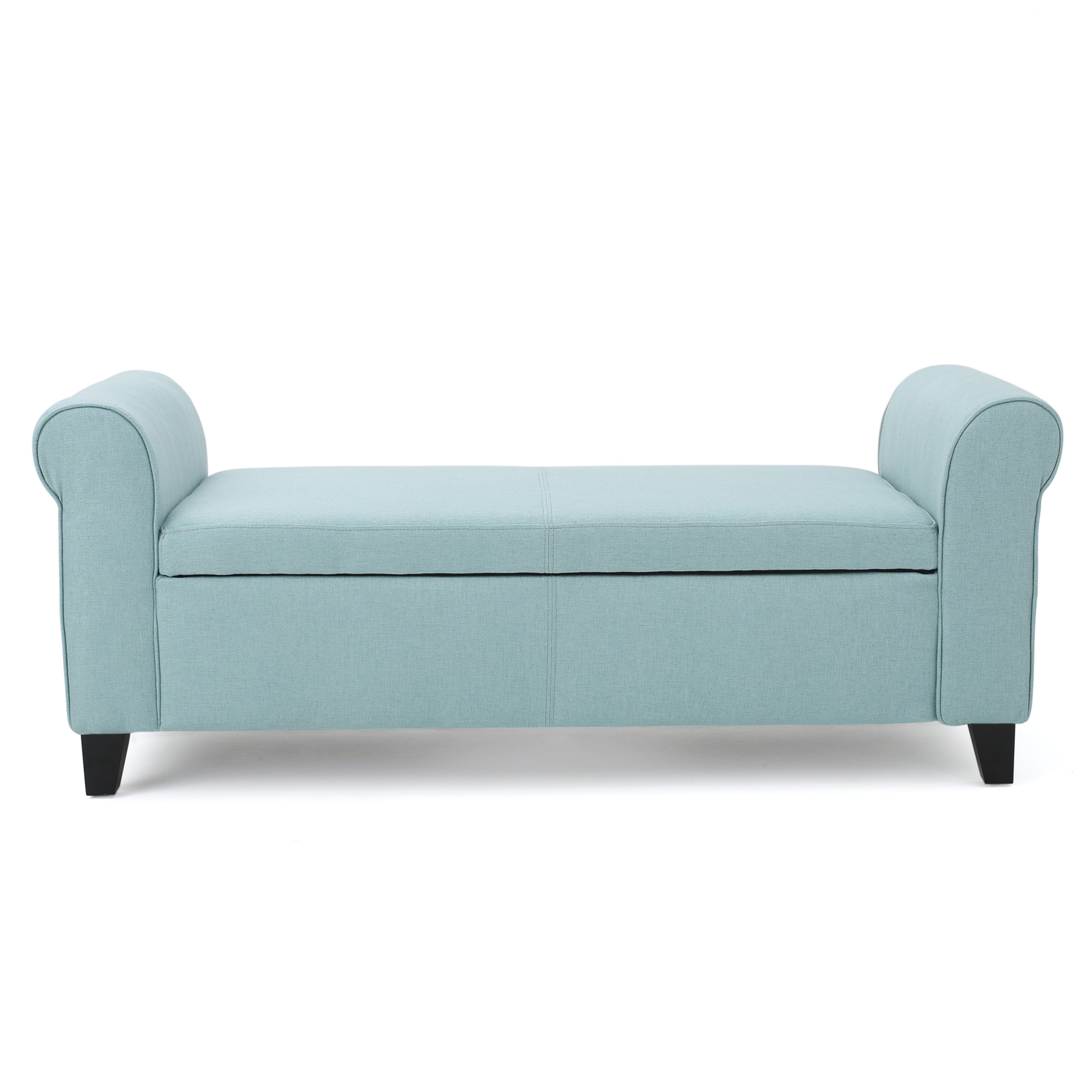 Contemporary HAYES Armed Storage Bench with Rolled Arms in Light Blue Fabric, 50 Inch