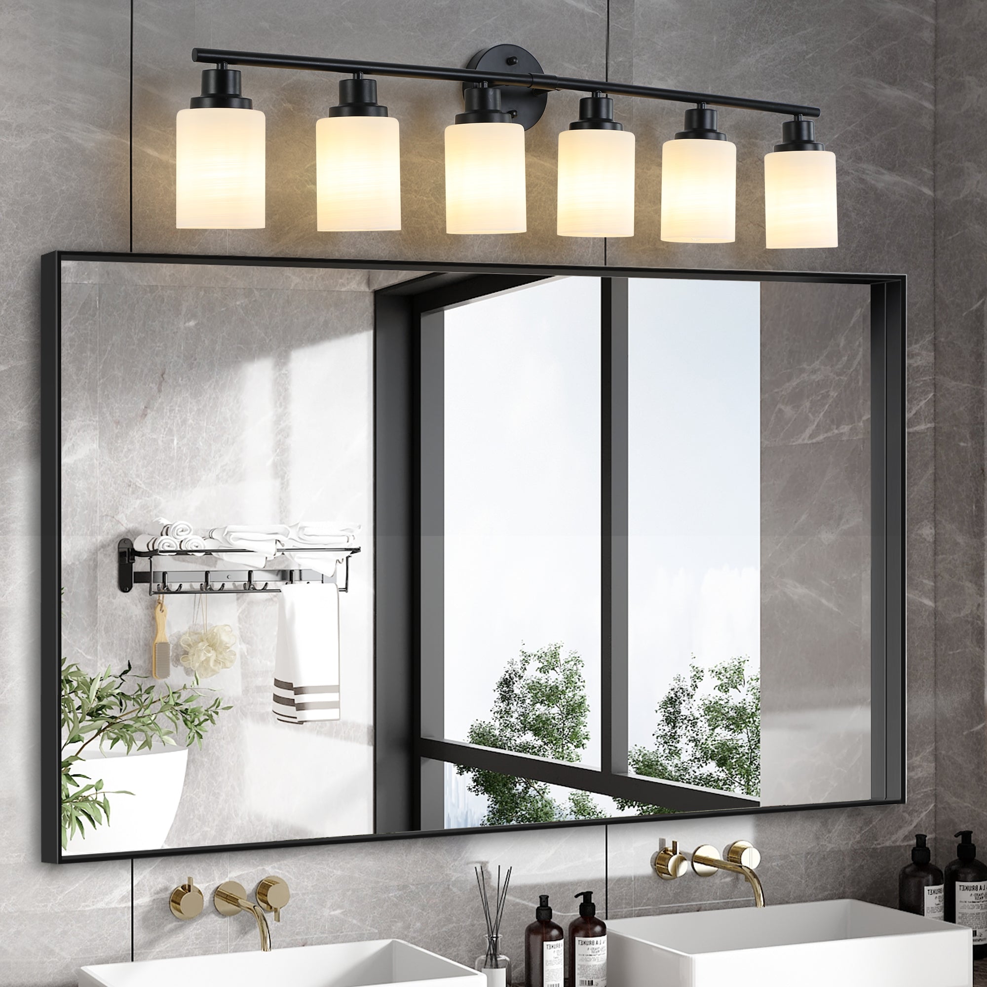 39' Modern 6-Light Vanity Bathroom Mirror Light, Frosted White Glass with Black Iron Frame, Contemporary Wall Sconce for Bedroom, Bathroom, and Dressing Room (No Bulbs)